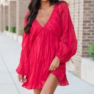 Pink Lilly- Vibrant Fuchsia V-Neck Dress with ties in the back